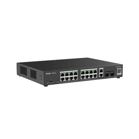 RG-ES220GS-P, 3/4 view, IP Switch, black, rectangular metal casing with a matte finish, 16 ports supporting PoE+, QR code to add cameras, 2 uplink ports, 2 optical ports 