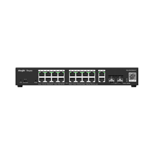 RG-ES220GS-P, front view, IP Switch, black, rectangular metal casing with a matte finish, 16 ports supporting PoE+, QR code to add cameras, 2 uplink ports, 2 optical ports