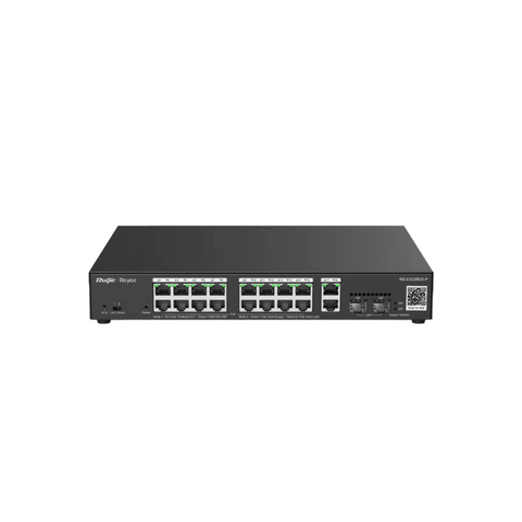 RG-ES220GS-P, high angle view, IP Switch, black, rectangular metal casing with a matte finish, 16 ports supporting PoE+, QR code to add cameras, 2 uplink ports, 2 opical ports