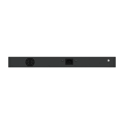 RG-ES228GS-P, rear view, IP Switch, black, rectangular metal casing with a matte finish, circular air vent, power lead, up to 370W