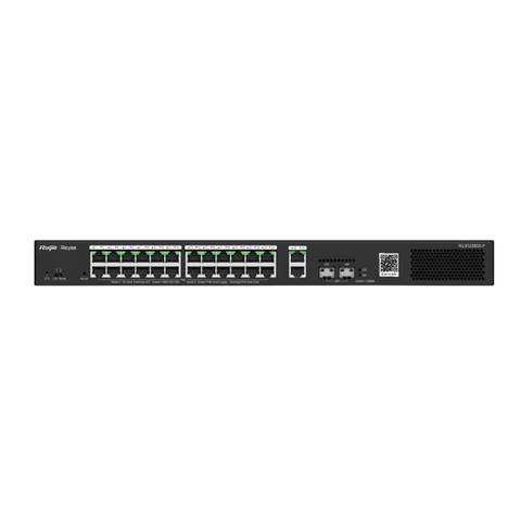 RG-ES228GS-P, front view, IP Switch, black, rectangular metal casing with a matte finish, 24 port POE+, 2 uplink port, 2 optic ports, rectangular air vent, QR code for adding cameras