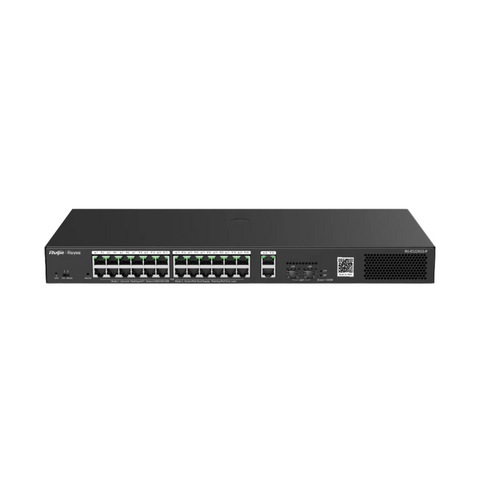 RG-ES228GS-P, high angle view, IP Switch, black, rectangular metal casing with a matte finish, 24 port POE+, 2 uplink port, 2 optic ports, rectangular air vent, QR code for adding cameras