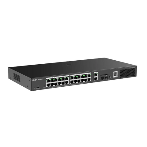 RG-ES228GS-P, front view, IP Switch, black, rectangular metal casing with a matte finish, 24 port POE+, 2 uplink port, 2 optic ports, rectangular air vent, QR code for adding cameras