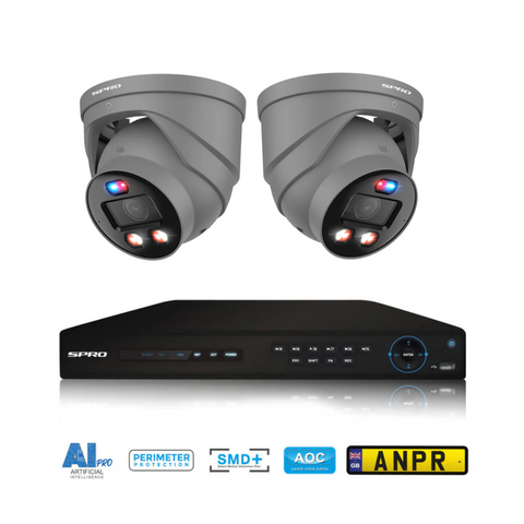 2 grey SPRO Active deterrence pro 4K cameras, one SPRO 16 Channel A7 NVR, with AI pro features, perimeter protection, smart motion detection plus, Audio over CAT5 and ANPR compatibility.  