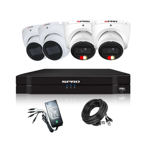 white Analogue SPRO camera bundle including 2 8MP white colour night 2.0 cameras, 2 8MP economy cameras and one 4 channel SPRO DVR 