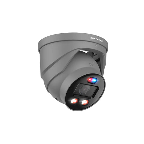 grey SPRO Active deterrence pro 4K camera, red and blue flashing lights, white lights, and infrared.