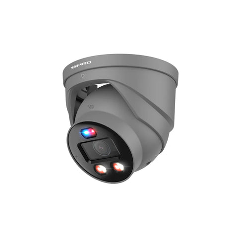 grey SPRO Active deterrence pro 4K camera, red and blue flashing lights, white lights, and infrared.