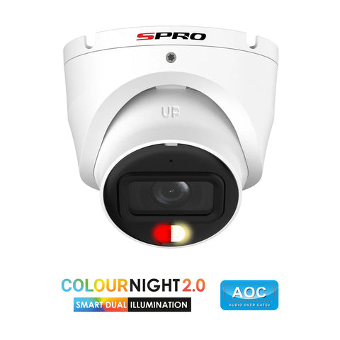 white turret SPRO CCTV camera, with a list of camera features at the bottom, AI pro, colour night2.0, AOC, 