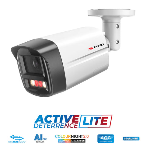 white bullet SPRO CCTV camera, with a list of camera features at the bottom, two way audio, AI pro, colour night2.0, AOC, starlight. 