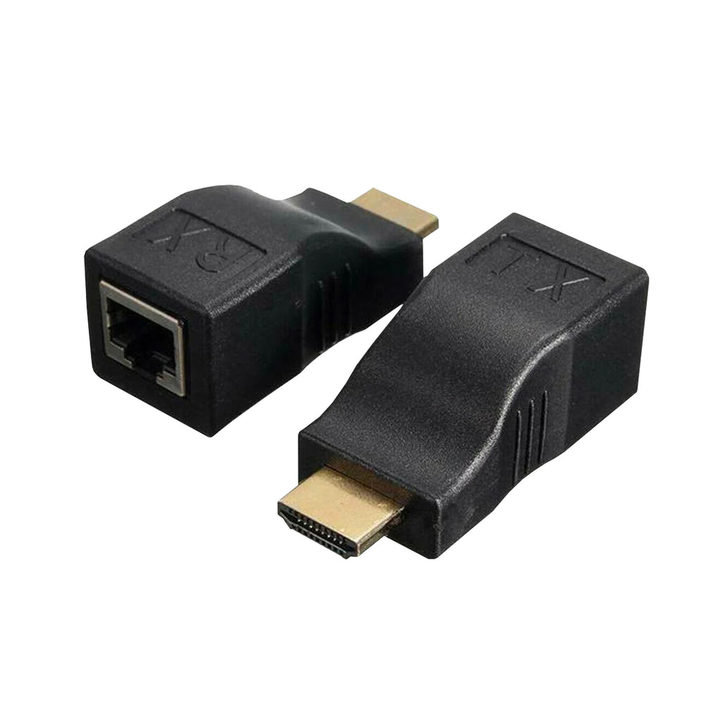 pair of hdmi extenders, black, one reciever, one transmitter with hdmi and and cat5e port.