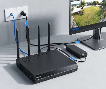 image describing setup ofreolink 16-Channel Wi-Fi 6 NVR Recorder for 24/7 Local Recordings RLN12W. powers supply, monitor, and CAT5e ports are all visible 