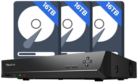 Reolink RLN36 36-Channel NVR with 48TB Storage Capacity with hard drive graphic 3 x 16TB