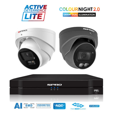 SPRO Active Deterrence LITE IP CCTV Kit: 4 Channel with 2x White 4MP Active Deterrence LITE with ColourNight 2.0 Cameras