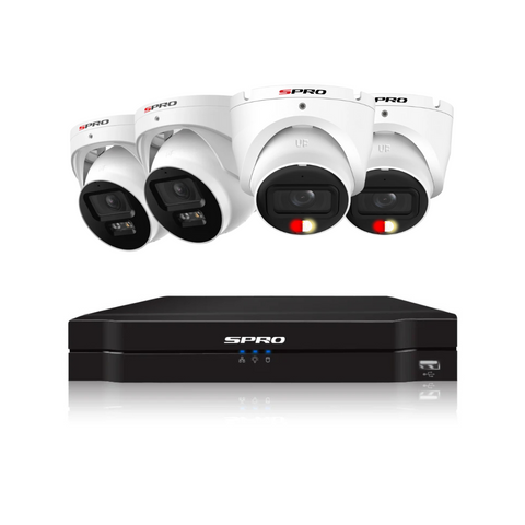 white IP SPRO camera bundle including 2 6MP white colour night 2.0 cameras, 2 4MP active deterrence lite cameras and one 4 channel SPRO NVR 